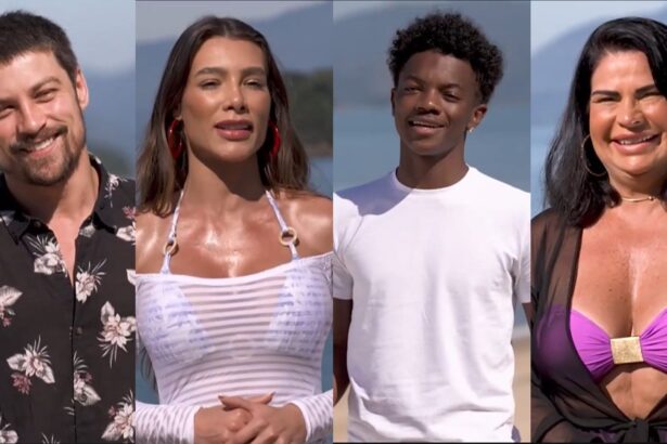 Montagem com Raphael Sander, Whendy Tavares, Kaik Pereira e Solange Gomes de frente ao mar gravando a chamada do Ilha Record 2