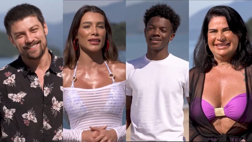 Montagem com Raphael Sander, Whendy Tavares, Kaik Pereira e Solange Gomes de frente ao mar gravando a chamada do Ilha Record 2