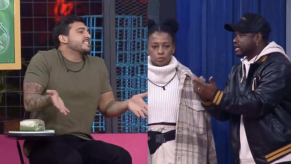 De um lado da imagem, Hadad sentado em uma carteira escolar com as mãos levantadas. Do outro lado, Michelle e Bruno Passa.