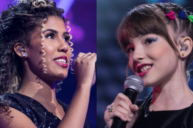 Participantes do Canta Comigo Teen 3 de camisa preta e microfone na mão durante gravação do programa da Record TV