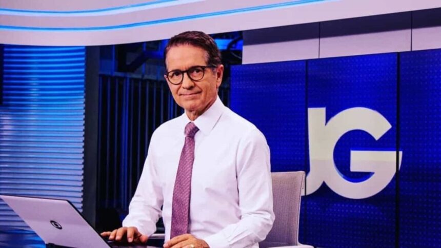 Carlos Tramontina em foto posada na bancada do Jornal da Globo, com o telão ao fundo