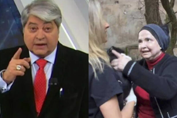 Datena de palitó preto, camisa branca e gravata vermelha durante gravação do seu programa na Band; Luisa Mel de camisa preta, com um cachorro na mão em discursão com dona Margarida, de vestido e lenço preto na cabeça