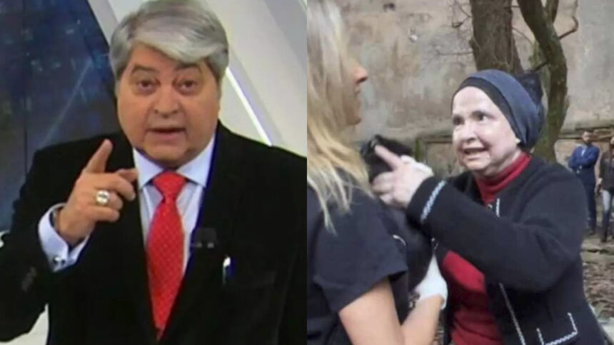 Datena de palitó preto, camisa branca e gravata vermelha durante gravação do seu programa na Band; Luisa Mel de camisa preta, com um cachorro na mão em discursão com dona Margarida, de vestido e lenço preto na cabeça