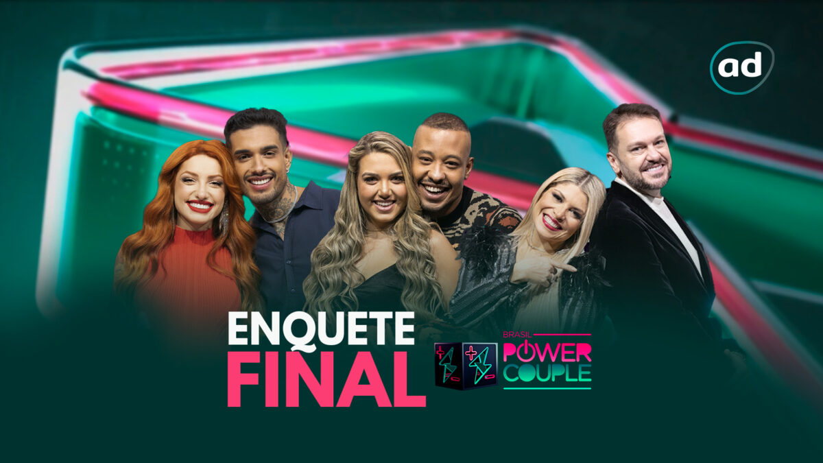 Brenda e Matheus, Karol e Mussunzinho, Adryana e Albert na arte de divulgação da última enquete do Power Couple Brasil