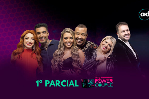 Brenda e Matheus, Karol e Mussunzinho e Adryana e Albert na arte de divulgação da primeira parcial da enquete sobre a final do Power Couple Brasil 6