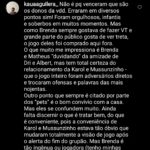 Texto de seguidora criticando Brenda e Matheus