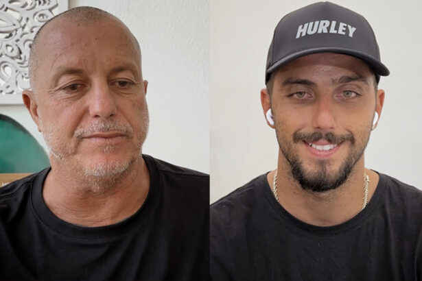 Ricardo Toledo, de camisa preta, conversando; Filipe Toledo sorrindo, de camisa e boné preto, durante entrevista com Pedro Bial