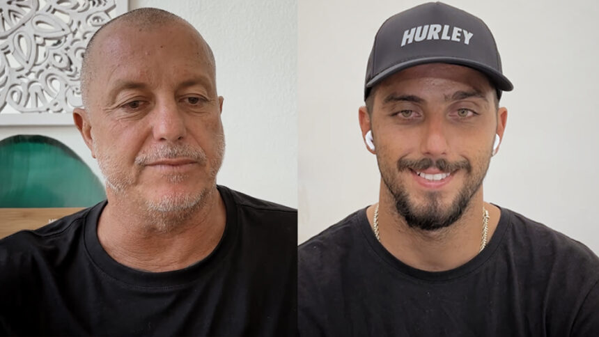 Ricardo Toledo, de camisa preta, conversando; Filipe Toledo sorrindo, de camisa e boné preto, durante entrevista com Pedro Bial