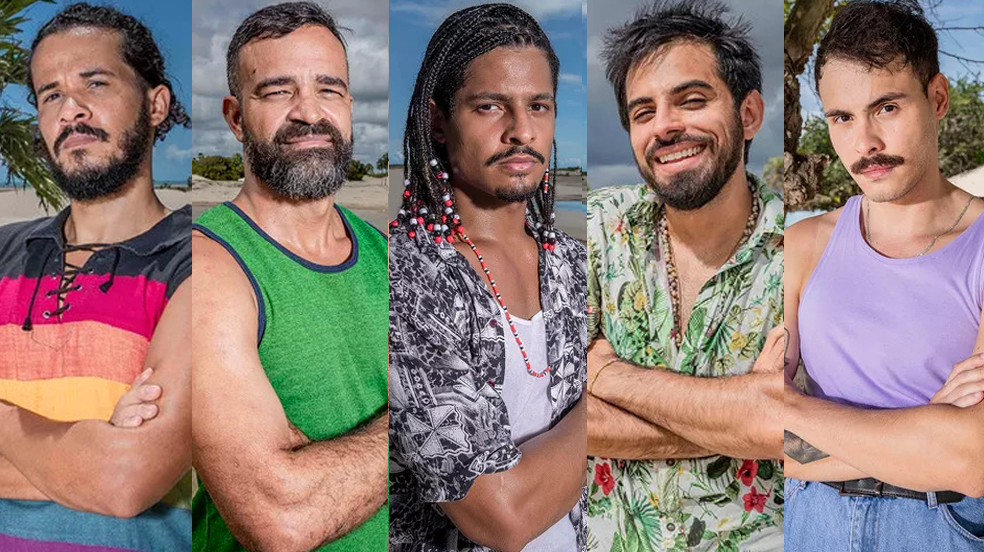 Charles, de camisa listrada colorida, de braços cruzados; Clécio, de barba, regata verde e braços cruzados, Ipojucan de camisa estampada preto e branco, de braços cruzados; Lucas sorrindo, de camisa estampada verde e de braços cruzados e Victor Hugo, de regata roxa e braços cruzados
