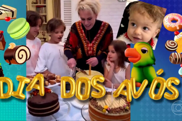 Montagem do Dia dos Avós feita por Ana Maria Braga, ao lado dos netos e do Louro Mané