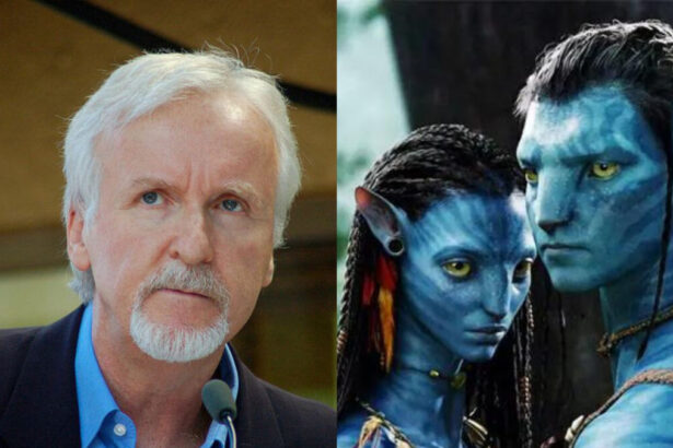 James Cameron e personagens de Avatar em uma montagem