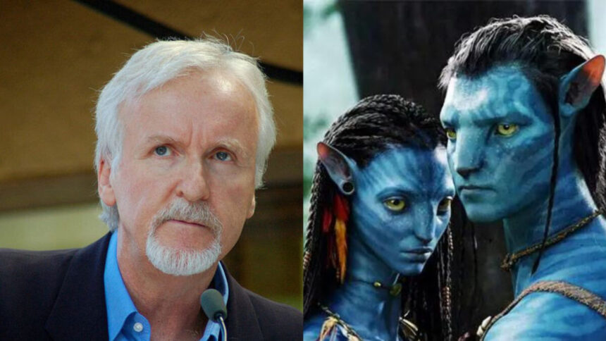 James Cameron e personagens de Avatar em uma montagem