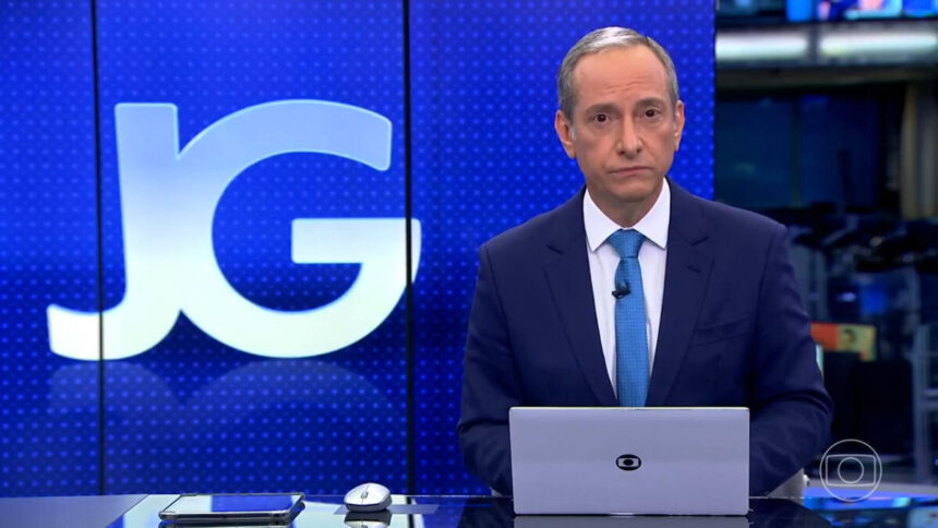 José Roberto Burnier na bancada do Jornal da Globo, em frente ao telão do estúdio