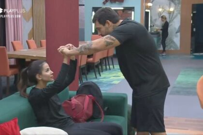 Luana e Hadad dão as mãos em comemoração ao resultado da segunda etapa da última prova do Power Couple Brasil