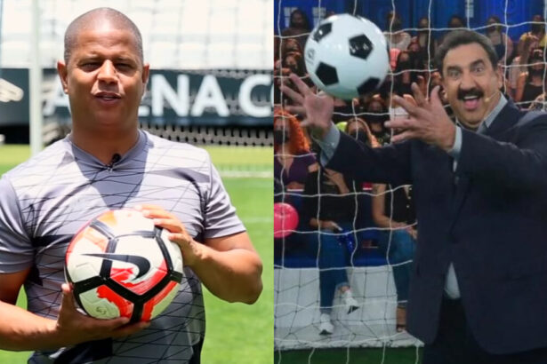 Marcelinho Carioca e Ratinho em uma montagem, ambos seguram uma bola nas mãos