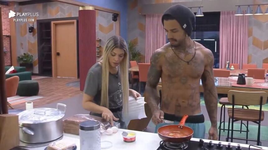 Adryana Ribeiro ao lado de Matheus na cozinha do Power Couple.