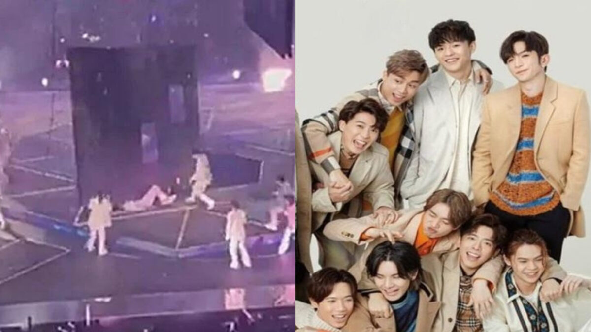 Palco com telão desabado e a boy band Mirror em uma montagem