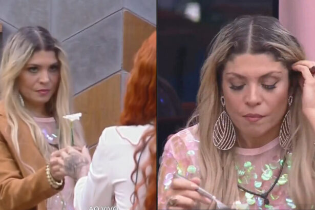 Montagem com Brenda entregando flor branca para Brenda e Adryana comendo na mansão Power Couple