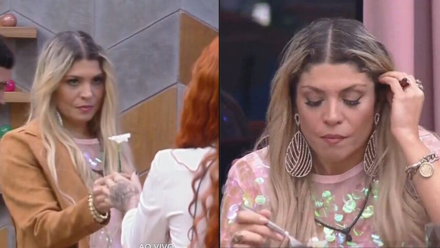 Montagem com Brenda entregando flor branca para Brenda e Adryana comendo na mansão Power Couple