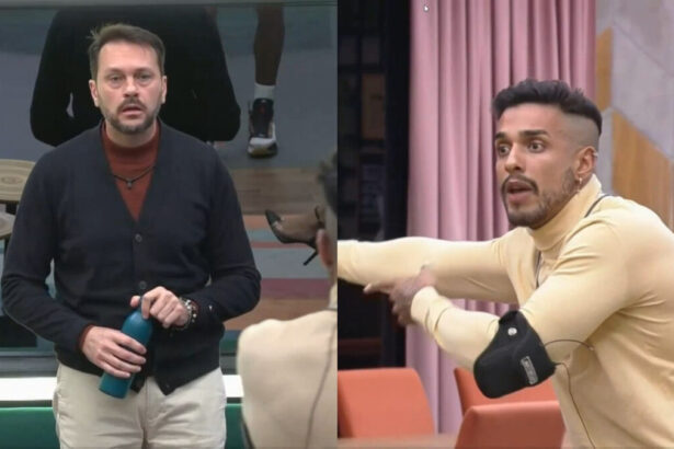 Montagem com Albert e Matheus discutindo na sala do Power Couple Brasil 6