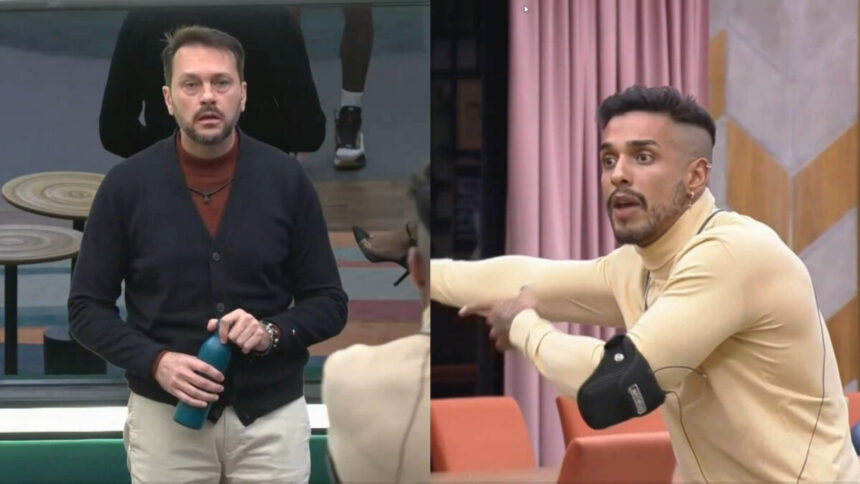 Montagem com Albert e Matheus discutindo na sala do Power Couple Brasil 6