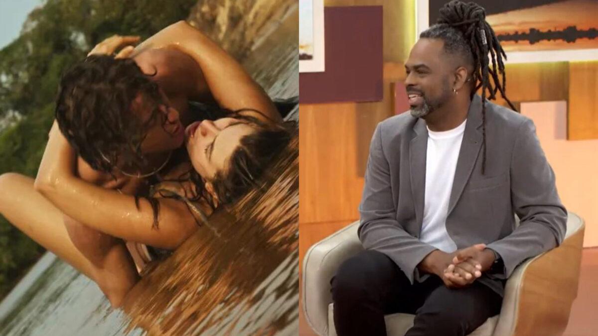 Juma (Alanis Guillen) e Jove (Jesuíta Barbosa) em cena de sexo no rio em Pantanal, montagem com Manoel Soares no Encontro