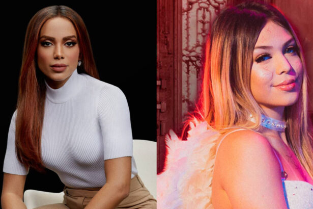 Montagem com Anitta sentada e Melody vestida de fantasia de anjo