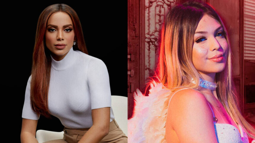 Montagem com Anitta sentada e Melody vestida de fantasia de anjo