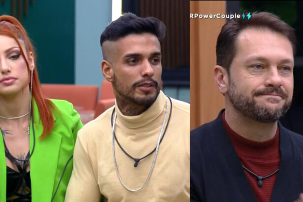 Montagem com Brenda e Matheus na DR e Albert sentado no sofá do Power Couple Brasil 6