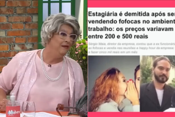 Montagem com Tia lendo a manchete do meme da estagiária demitida vendendo fofoca