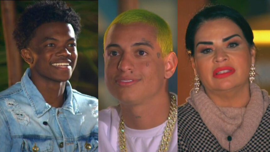 Montagem com Kaik, Kaio e Solange Gomes durante a primeira votação do Ilha Record 2