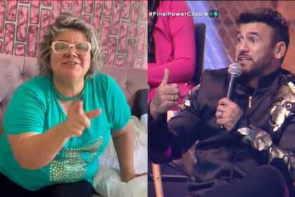 Montagem com Sylvinha apontando o dedo para Hadballa que está no palco do Power Couple Brasil 6