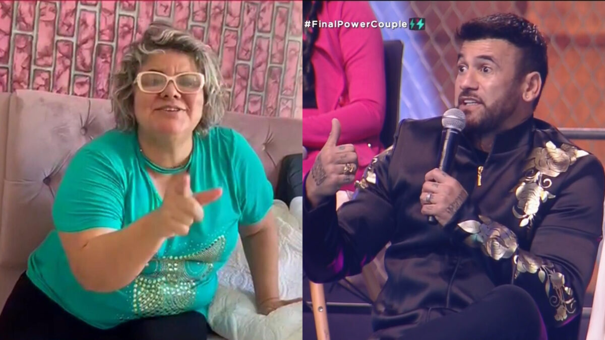 Montagem com Sylvinha apontando o dedo para Hadballa que está no palco do Power Couple Brasil 6