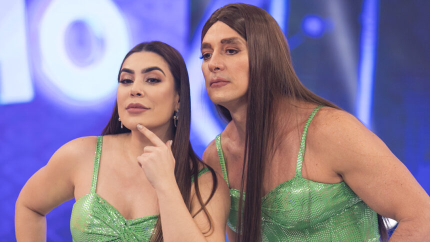 Naiara Azevedo e Rodrigo Faro de vestido verde e maquiados durante gravação do Hora do Faro, da Record TV