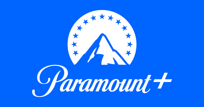 Logo Paramount+ em tom branco e fundo azul