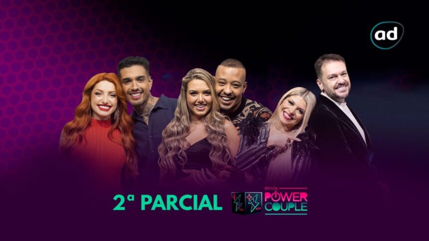 Brenda e Matheus, Karol e Mussunzinho e Adryana e Albert na arte de divulgação da primeira parcial da enquete sobre a final do Power Couple Brasil 6