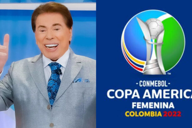 Silvio Santos sorrindo, de palitó cinza, lenço azul no bolso, com a mão pra cima e gravata azul com preto durante gravação de seu programa; Logo oficial da Copa América Feminina 2022