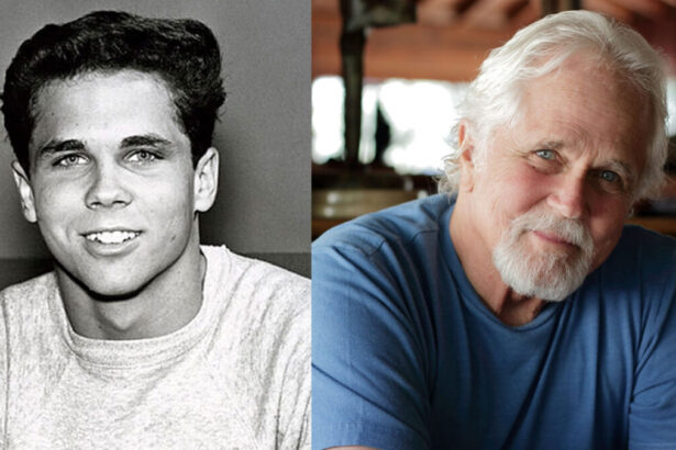 Tony Dow no início da carreira, sorrindo, com camisa cinza; Foi mais recente de Tony, sorrindo, com os braços atados, camisa azul