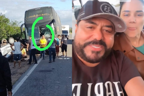 Montagem com ônibus da banda Limão com Mel atingido por dois carros na BR. Ao lado os vocalistas da band