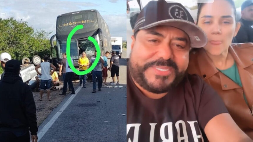 Montagem com ônibus da banda Limão com Mel atingido por dois carros na BR. Ao lado os vocalistas da band