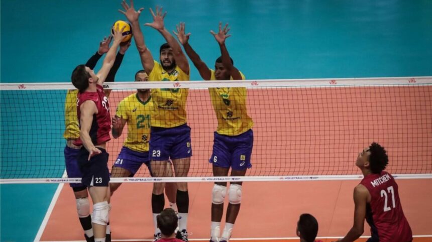 Jogadores do Brasil de vôlei em uma partida pela Liga das Nações