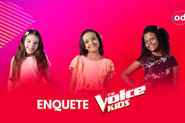 Arte de divulgação da enquete sobre a final do The Voice Kids 2022 com Isadora Pedrini, Isis Teste a Mel Grebin