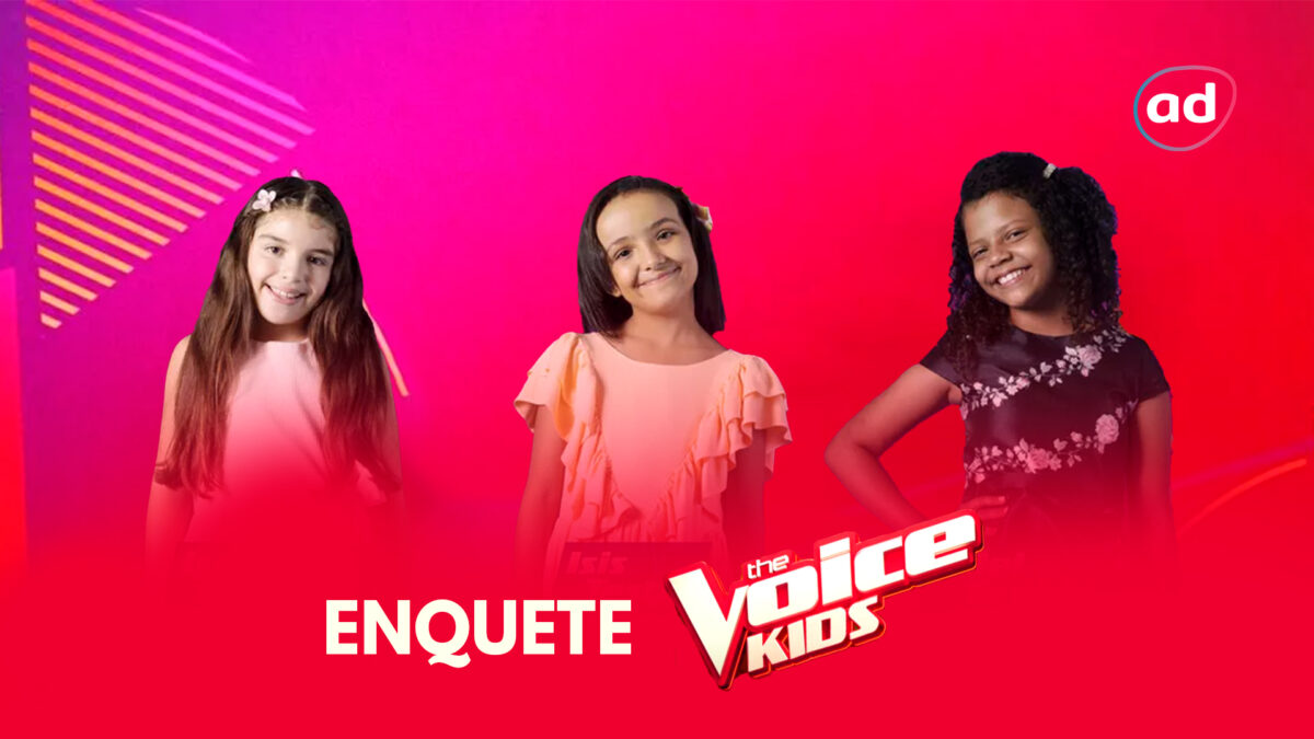 Arte de divulgação da enquete sobre a final do The Voice Kids 2022 com Isadora Pedrini, Isis Teste a Mel Grebin