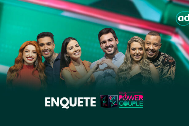 Brenda e Matheus, Luana e Hadad e Karol e Mussunzinho na arte de divulgação da enquete da última DR do Power Couple Brasil 6