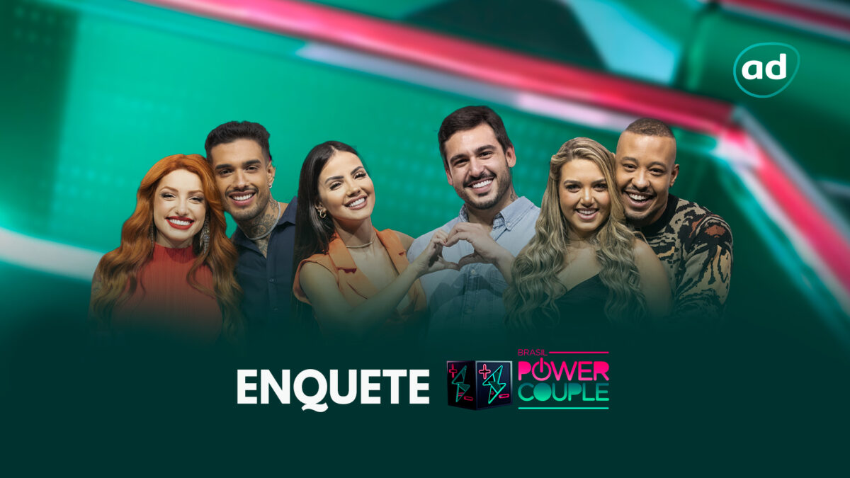 Brenda e Matheus, Luana e Hadad e Karol e Mussunzinho na arte de divulgação da enquete da última DR do Power Couple Brasil 6
