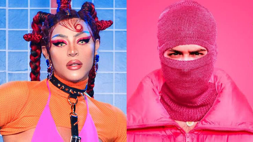 Pabllo Vittar caracterizada para gravação do clipe de Bandida. Zé Felipe encapuzado durante gravação do clipe de Bandido