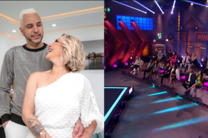 Montagem com Rogério e Baronesa se olhando e a plateia da final do Power Couple Brasil