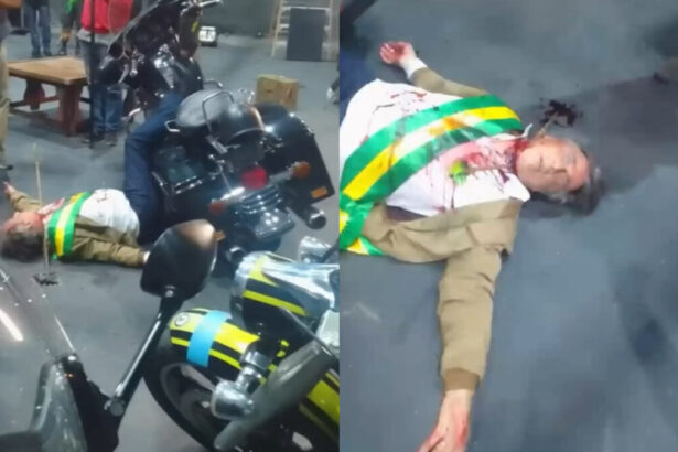 Montagem da simulação de morte de Jair Bolsonaro que está caído no chão