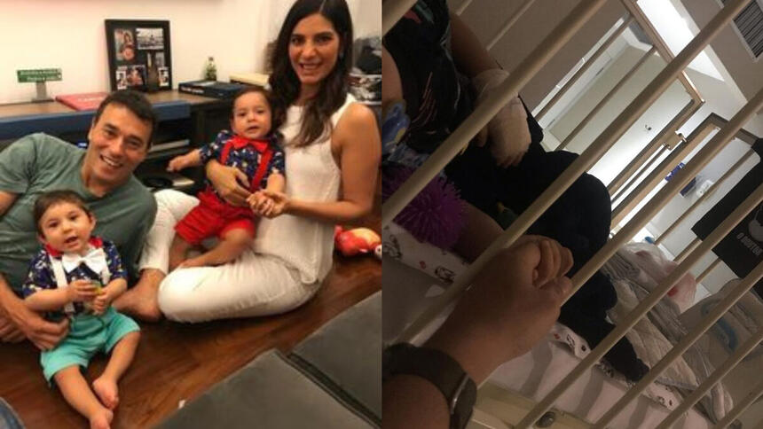 Andréia Sadi e André Rizek ao lado dos filhos, em montagem com o filho Pedro em um berço de hospital segurando a mão de André Rizek