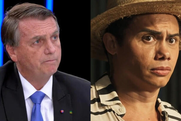 Bolsonaro no Jornal Nacional, em montagem com Silvero Pereira, como Zaquieu, em cena da novela Pantanal